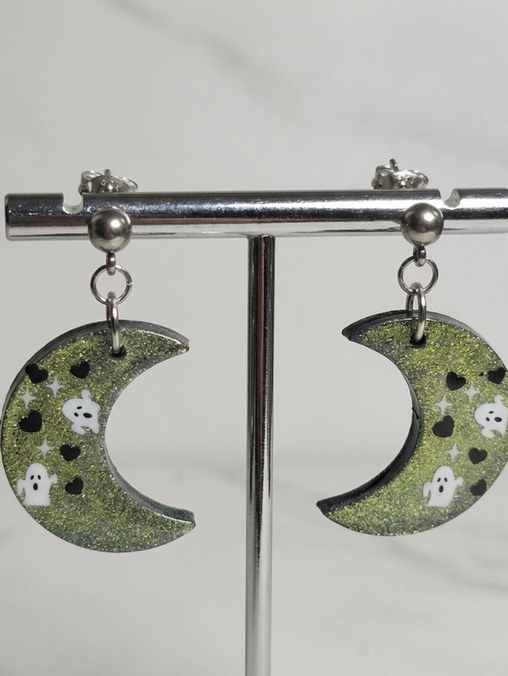 Spooky Cute Glitter Moon & Ghost Resin Earrings - Handmade Stud Dangles